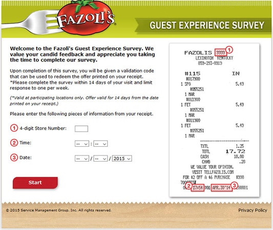 Fazolis guest experience survey form