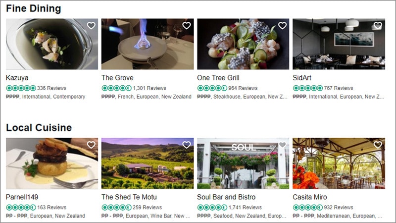 screenshot of fine dining restaurants in different places